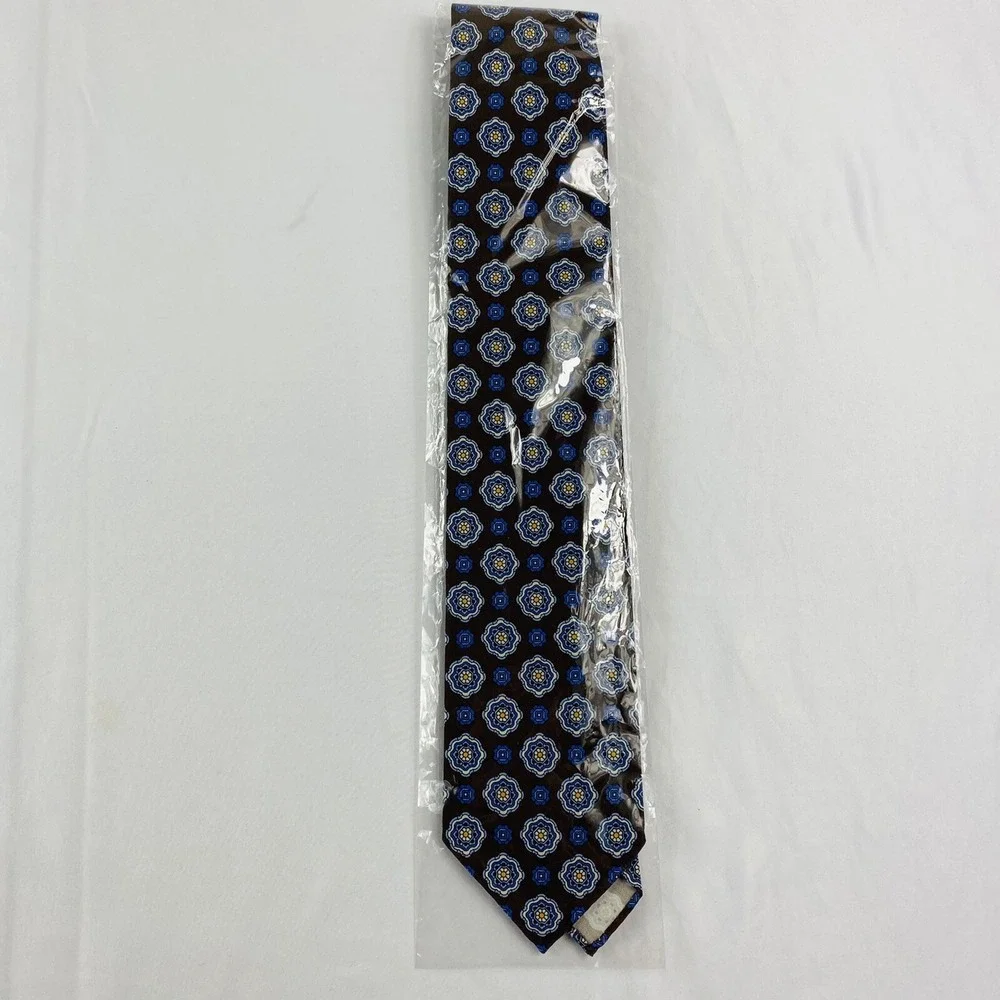 M.Ferretti Brown Blue Patterned Lightweight Pure Silk Tie 3 Inch Width NWT